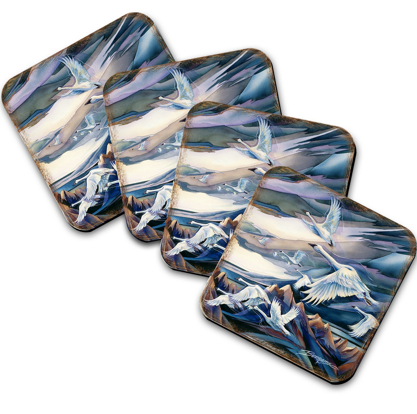 Flying Swans Wooden Cork Coasters Gift Set of 4 by J. Bergsma - Coastal Decor  - 8199457C-S4