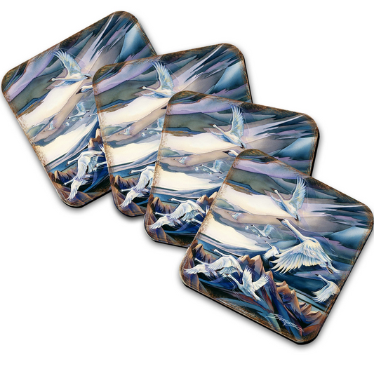 Flying Swans Wooden Cork Coasters Gift Set of 4 by J. Bergsma - Coastal Decor  - 8199457C-S4