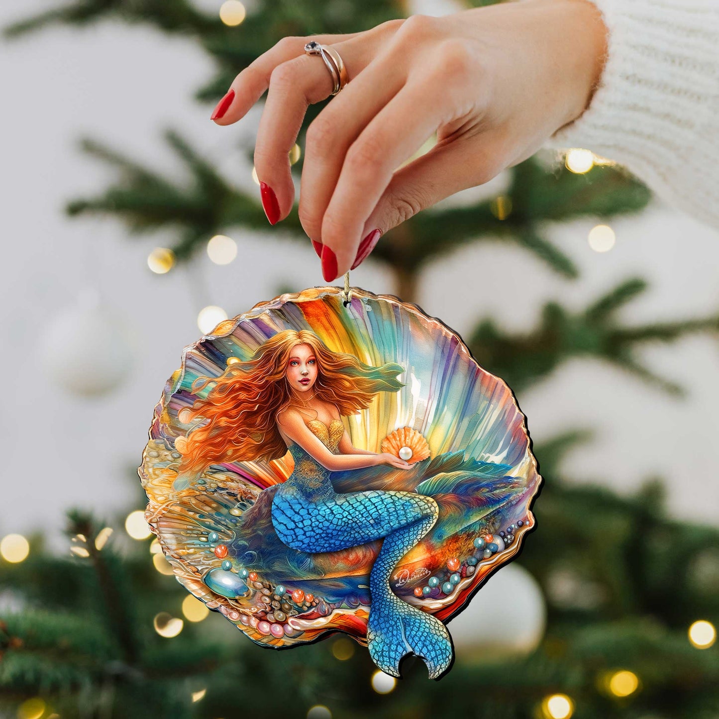 Nautical Christmas Decor - Mermaid in the Shell Wooden Ornaments by G.Debrekht Coastal Holiday Decor - 8688200