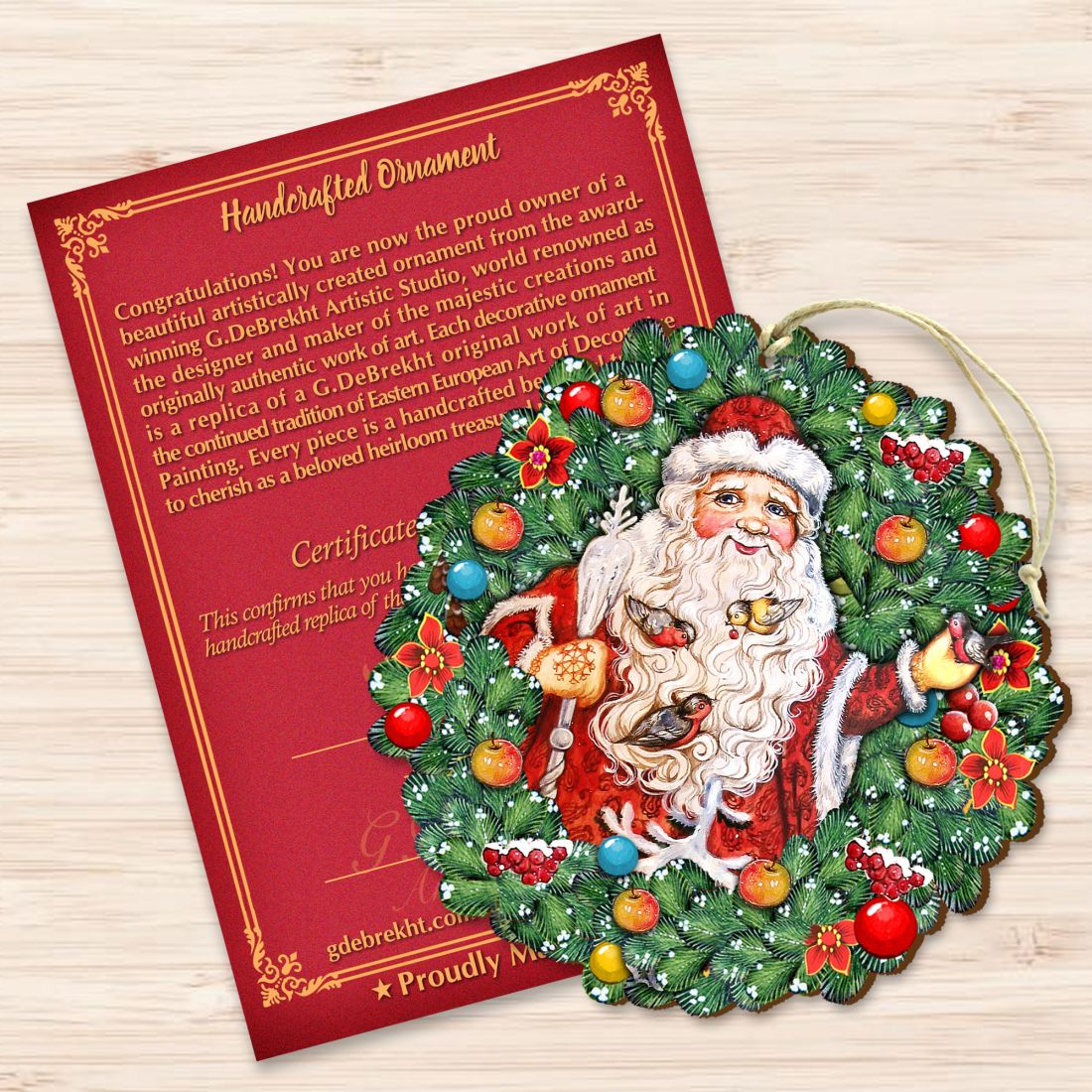 Santa Wreath with Birds Wooden Ornaments by G. DeBrekht - Christmas Santa Snowman Decor - 8185320