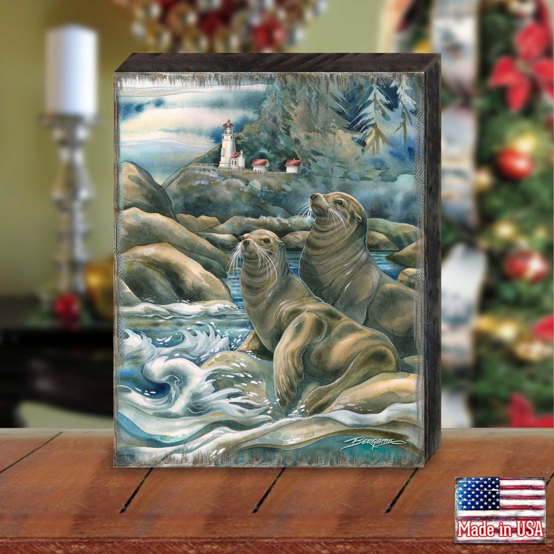 Lions of the Sea Lighthouse Caves Wooden Wall Art by J. Bergsma - Nature Wildlife Decor - 85922883B-JB