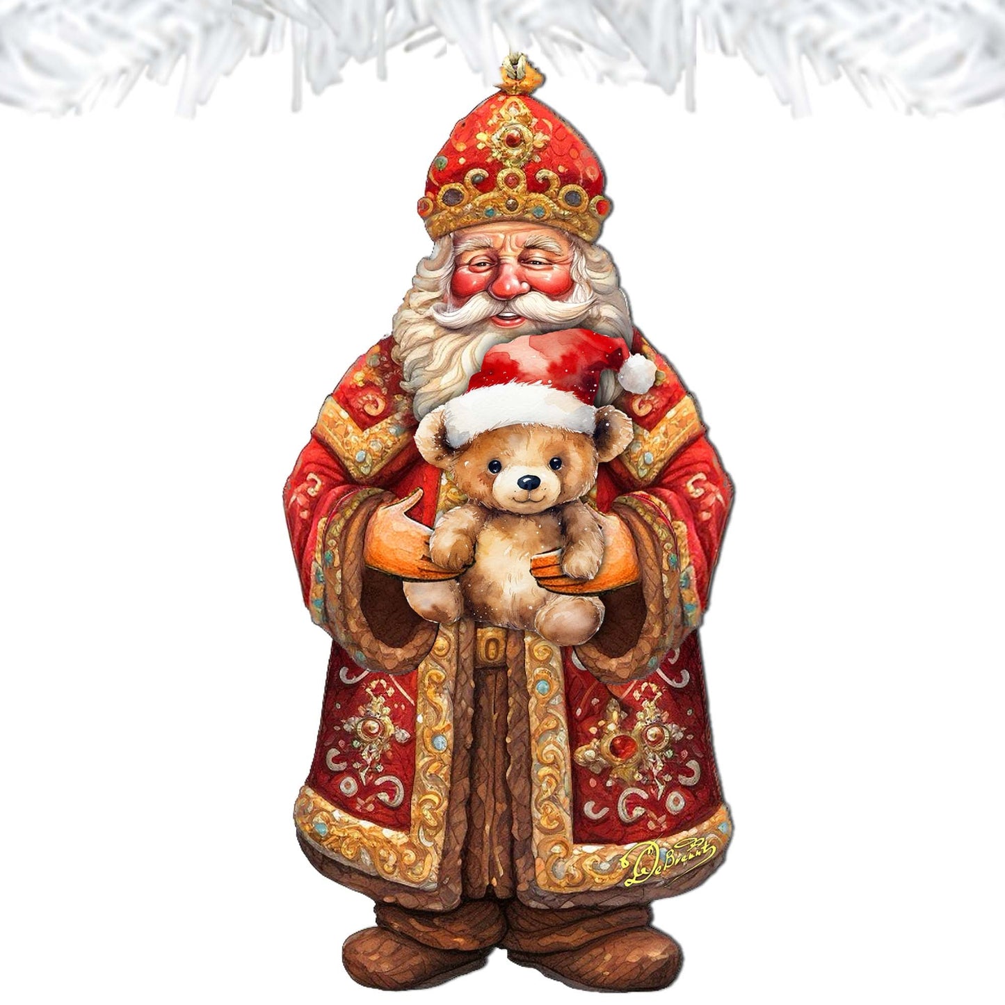 Santa's Teddy Bear Hug Wooden Ornaments by G. Debrekht - Christmas Santa Snowman Decor - 8691415