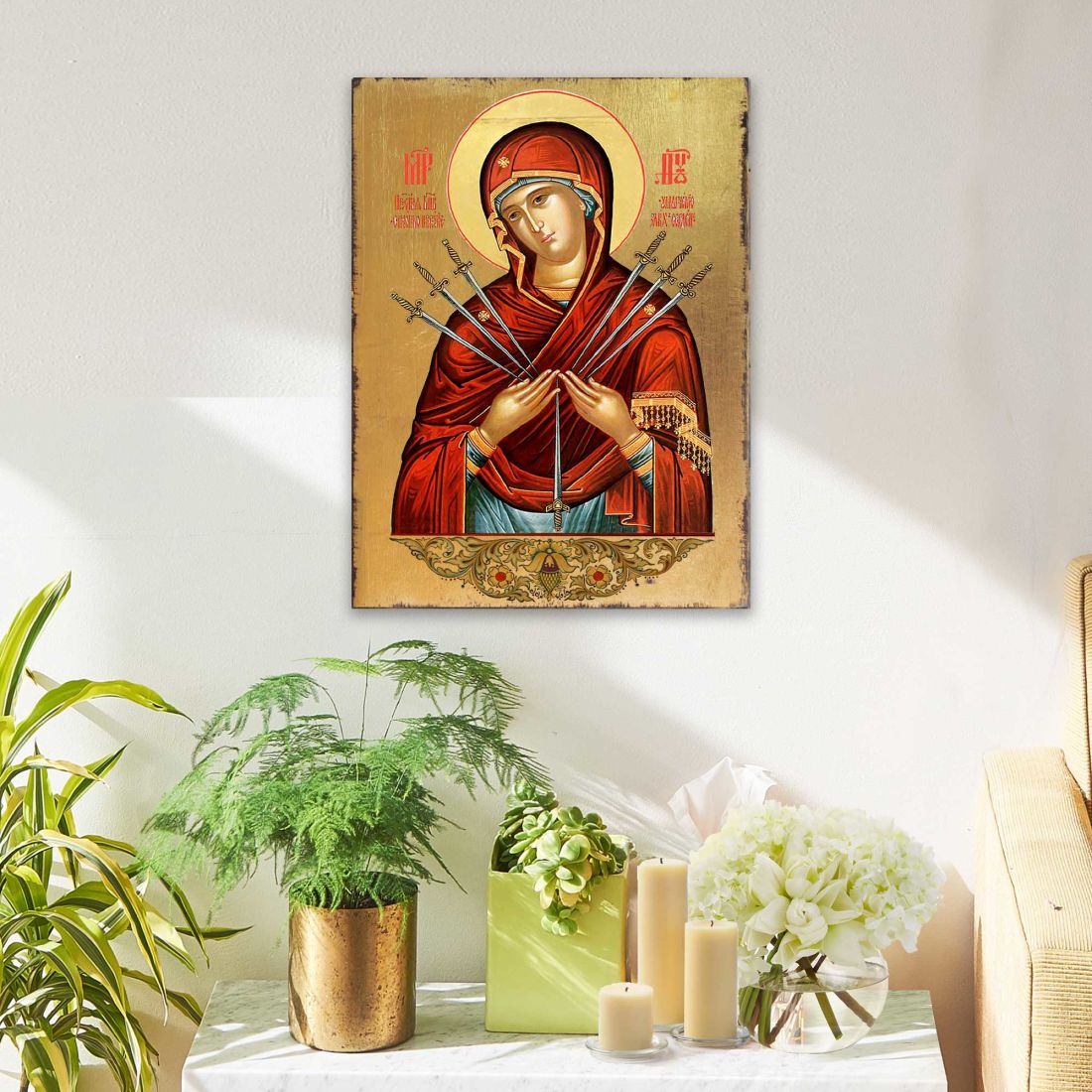 Virgin Mary of the Seven Swords Wooden Gold Plated Religious Christian Sacred Icon - Inspirational Icon Decor - 85037