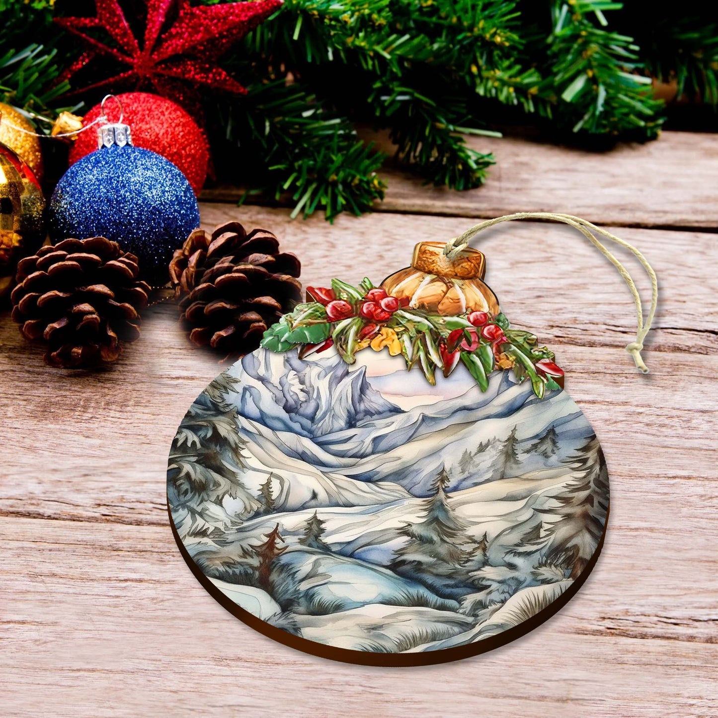 Beauty in Alaska's Snowy Peaks Wooden Ornaments by G.Debrekht - Wildlife Holiday Decor - 870036