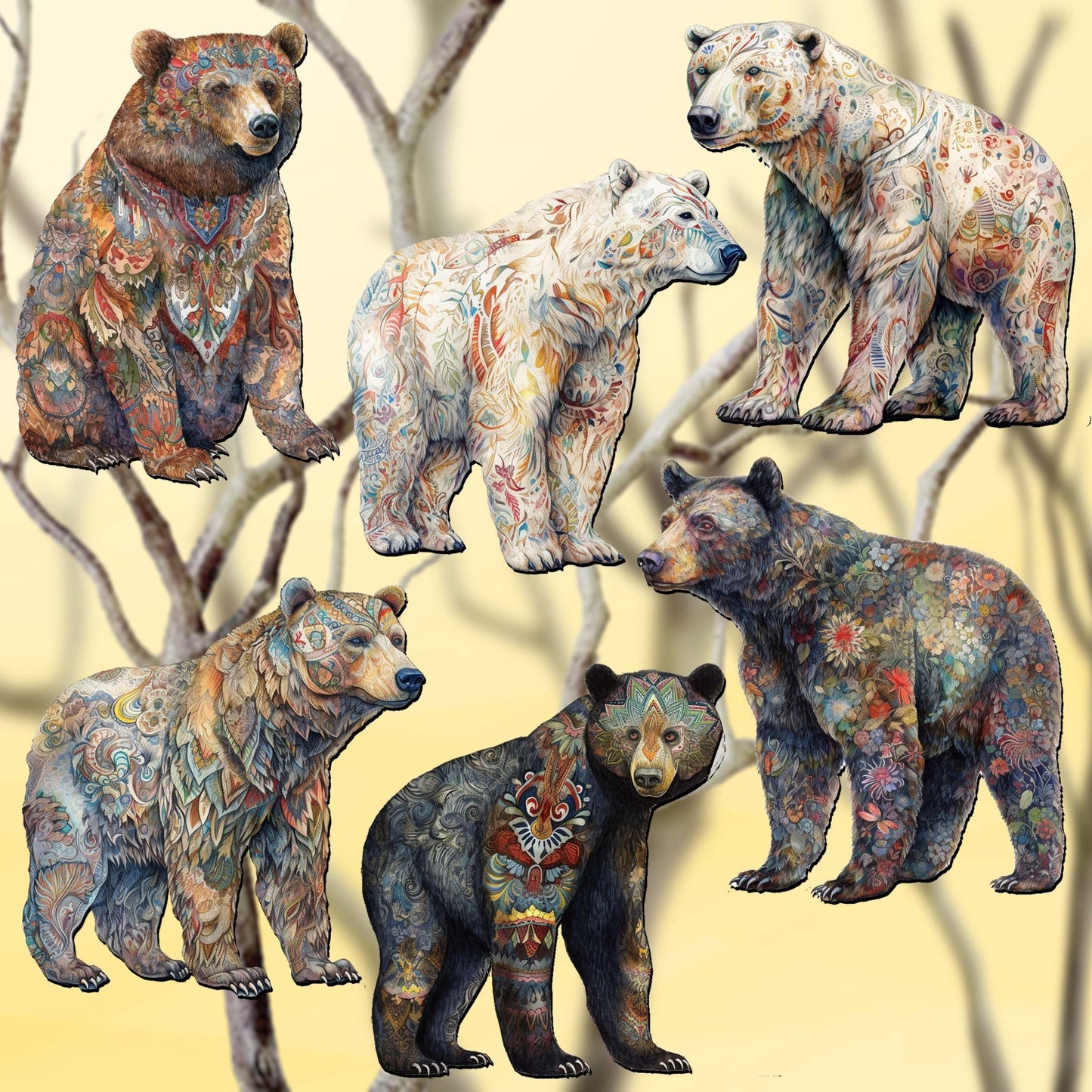Bear Parade Decorative Wooden Clip-on Ornaments Set of 6 by G. Debrekht - Wildlife Decor - 8090106C-S6