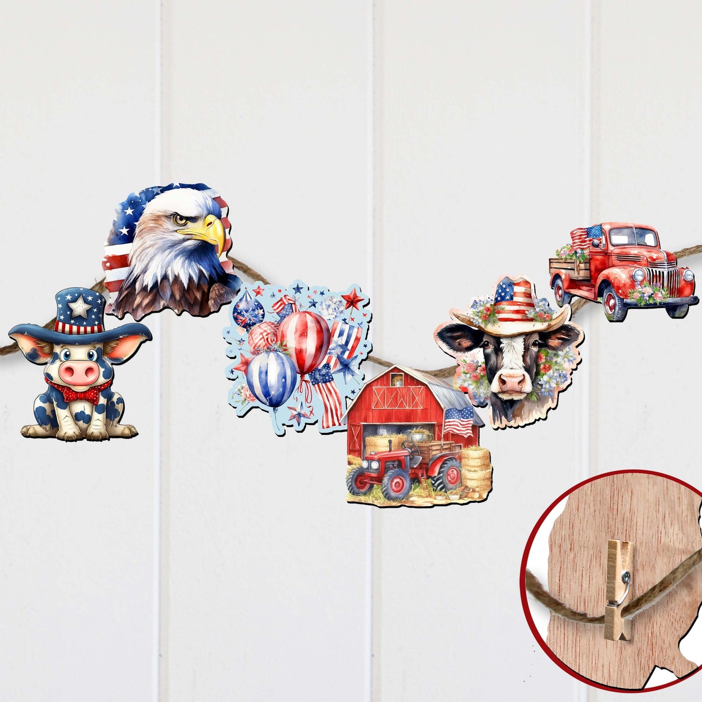 American flag Decorative Wooden Clip-on Ornaments of 6 by G. Debrekht - Patriotic Decor - 8090002C-S6