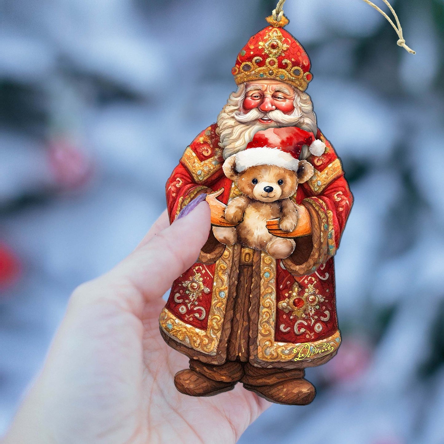 Santa's Teddy Bear Hug Wooden Ornaments by G. Debrekht - Christmas Santa Snowman Decor - 8691415