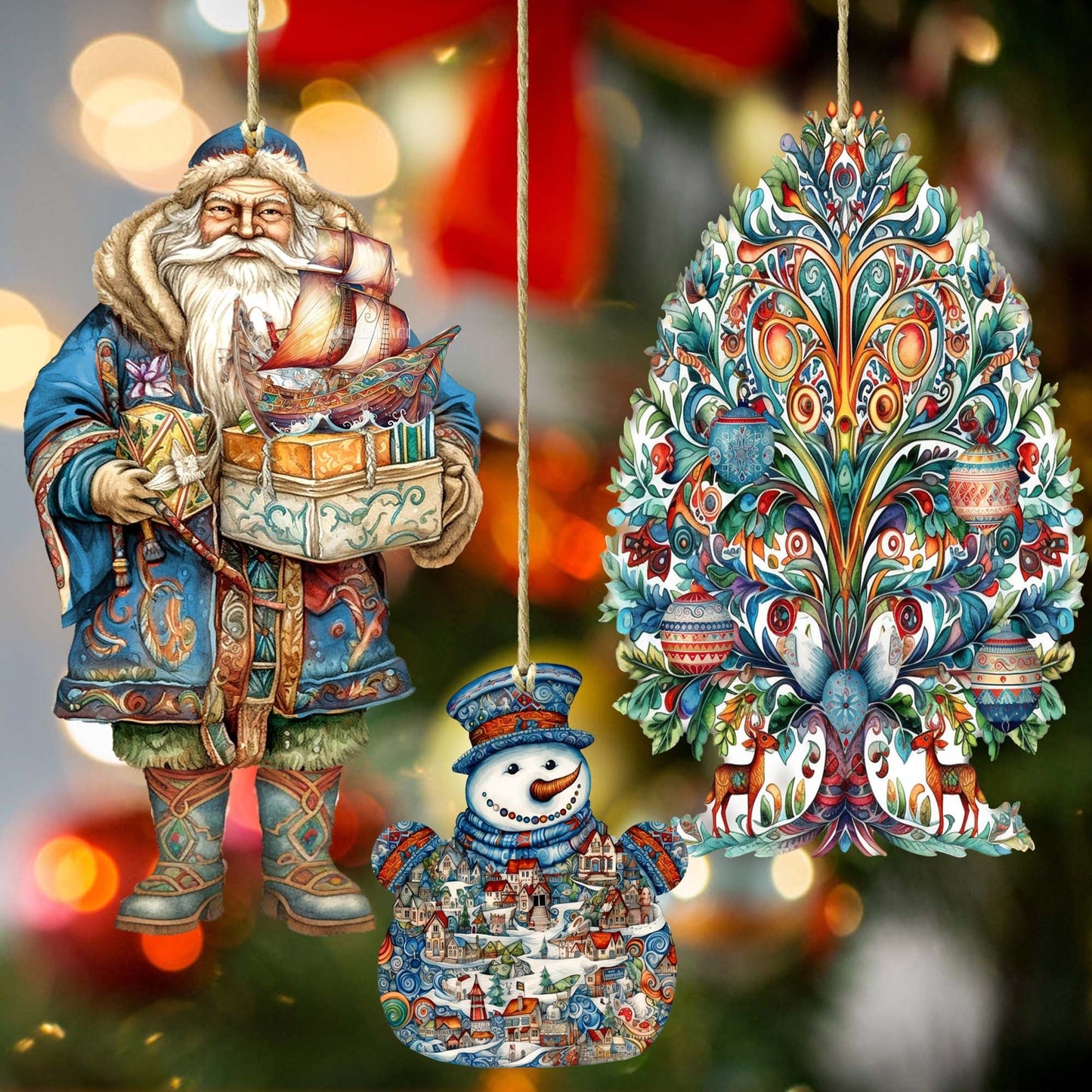 Santas Around the World - Nordic Inspired Santa - Wooden Ornaments Set of 3 by G. DeBrekht Christmas Santa Snowman Decor - 8091312S3