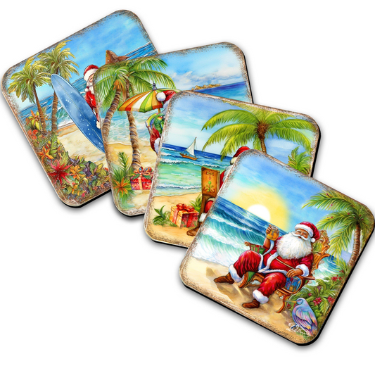 Santa on the Beach Wooden Cork Coasters Gift Set of 4 by G. Debrekht - Santa Christmas Decor  - 8199441C-S4