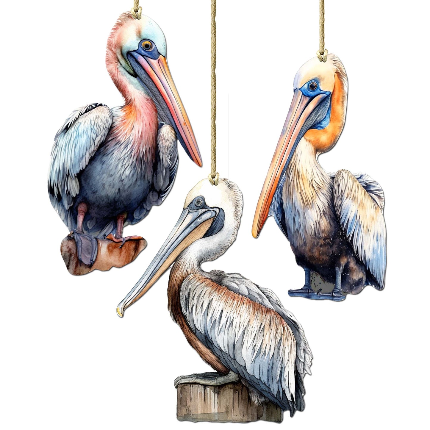 Pelicans Decorative Wooden Ornaments of 3 by G. Debrekht - Coastal Decor - 8091014-S3