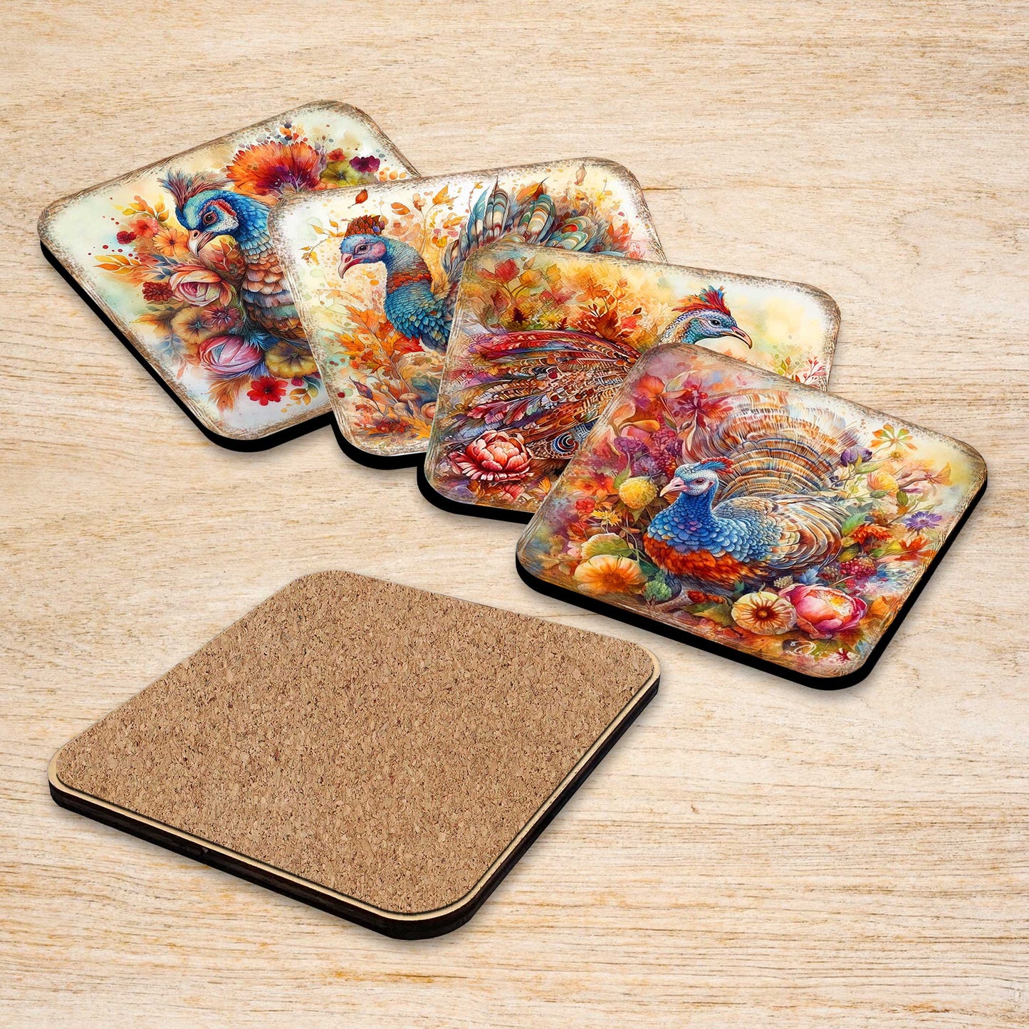 Turkey Wooden Cork Coasters Gift Set of 4 by G. Debrekht - Thanksgiving Decor  - 8199437C-S4