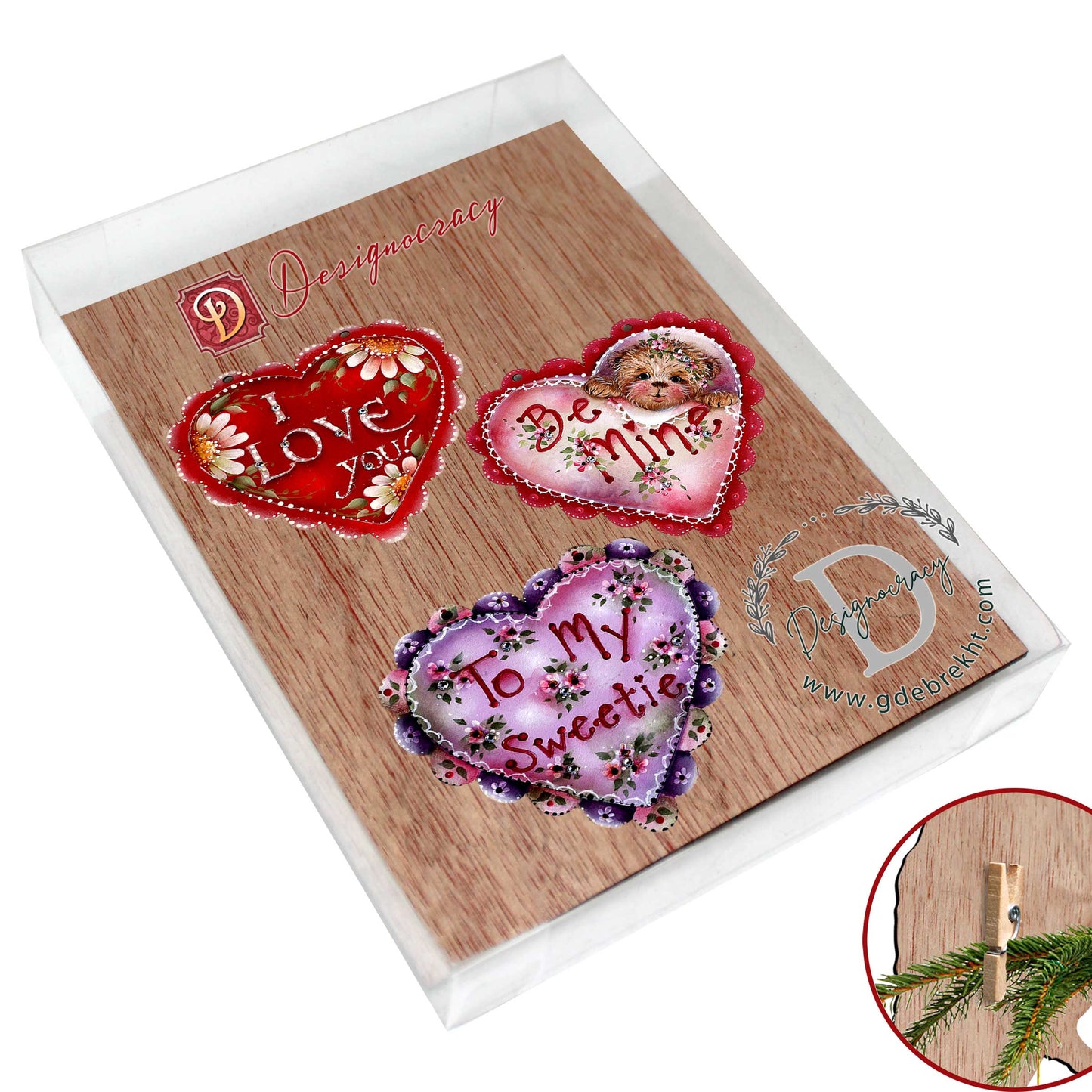 Heart of Love Decorative Wooden Clip-on Ornaments Set of 3 by Jamie Mills-Price - Love Kids Family Decor - 8091054C-MP-S3