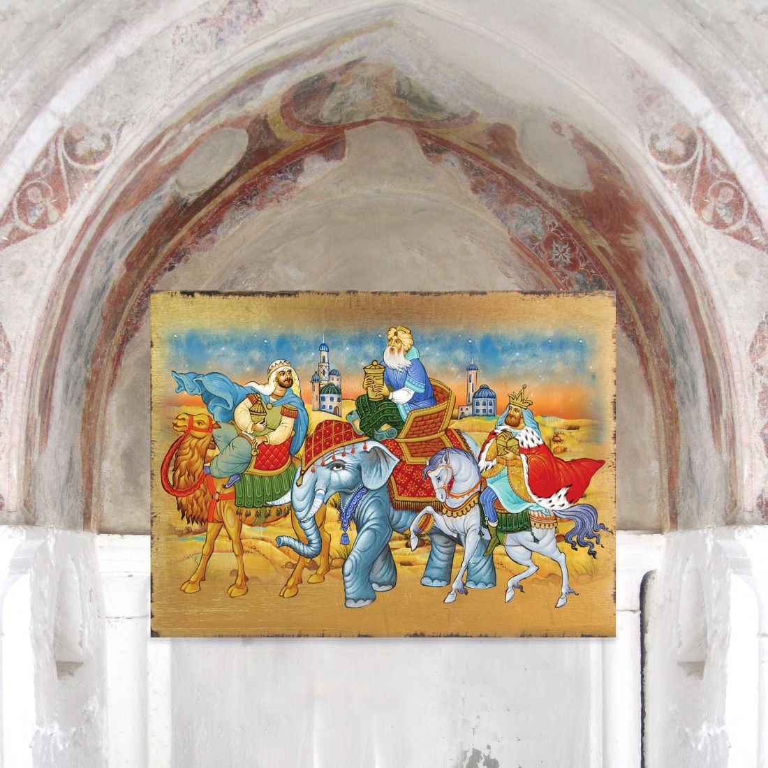 Three Kings Block Wooden Gold Plated Religious Christian Sacred Icon - Inspirational Icon Decor - 85039