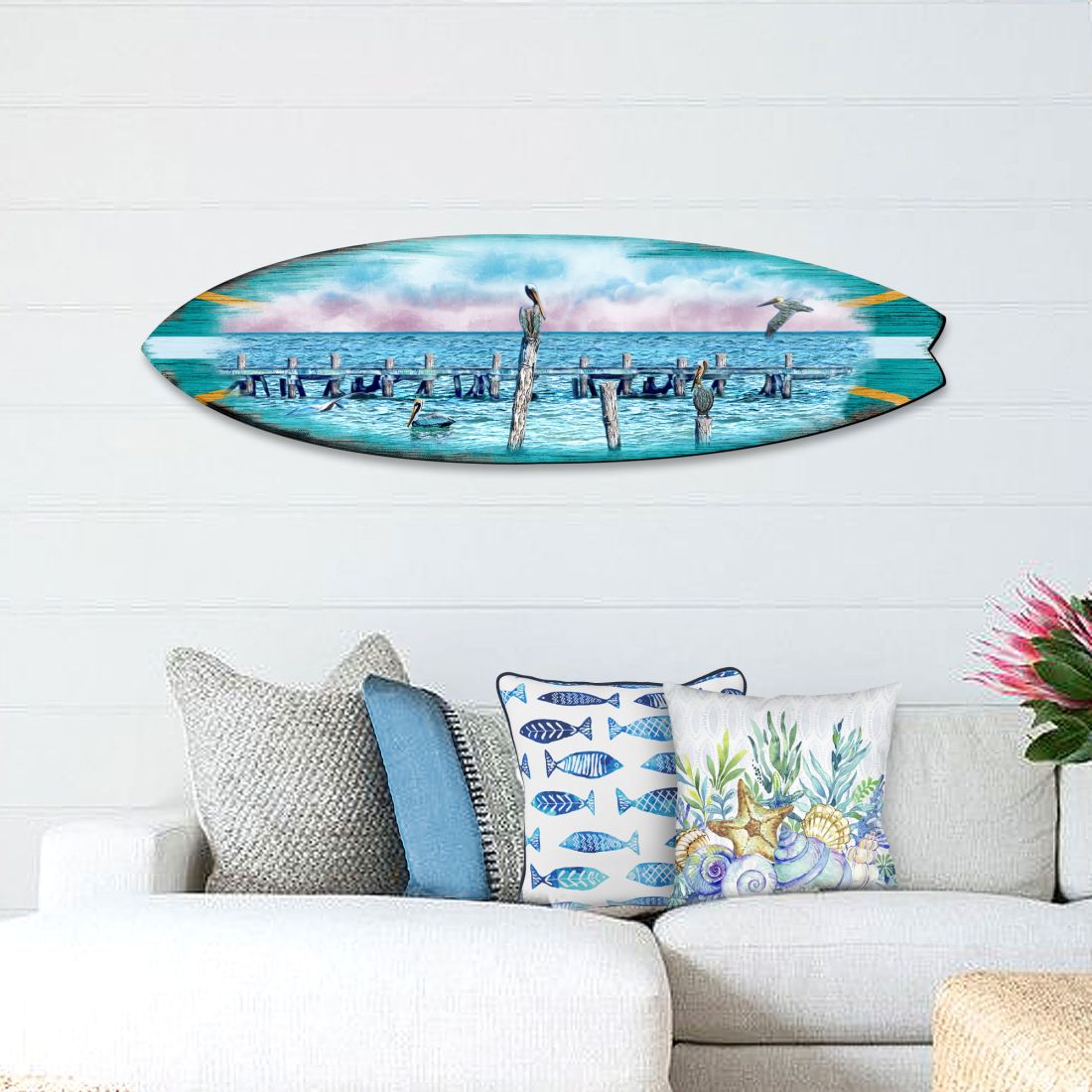 Seabirds Pelicans Surfboard Coastal Door Art by G. DeBrekht - Coastal Sea-Life Decor - 8490106HS