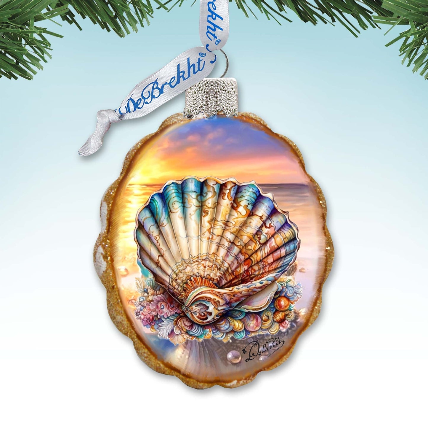 Glass Christmas Tree Decorations - Ocean Shell Keepsake Glass Ornaments by G. Debrekht - Coastal Holiday Decor - 777397