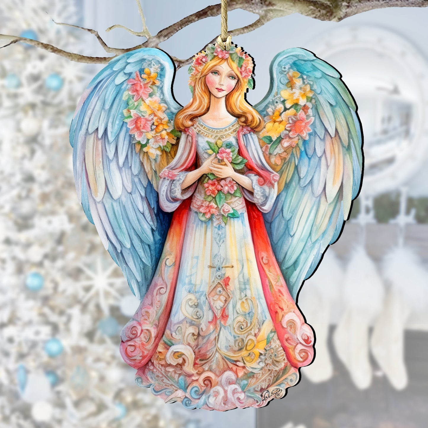 Blue Floral Angel Wooden Ornaments by G. DeBrekht Nativity Holiday Decor - 8611024