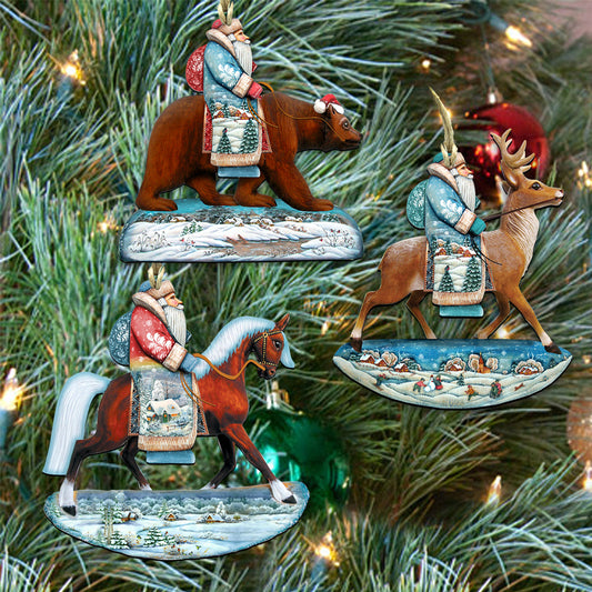 Riding Santa Wooden Ornaments Set of 3 by G. DeBrekht - Christmas Santa Snowman Decor - 8100016S3