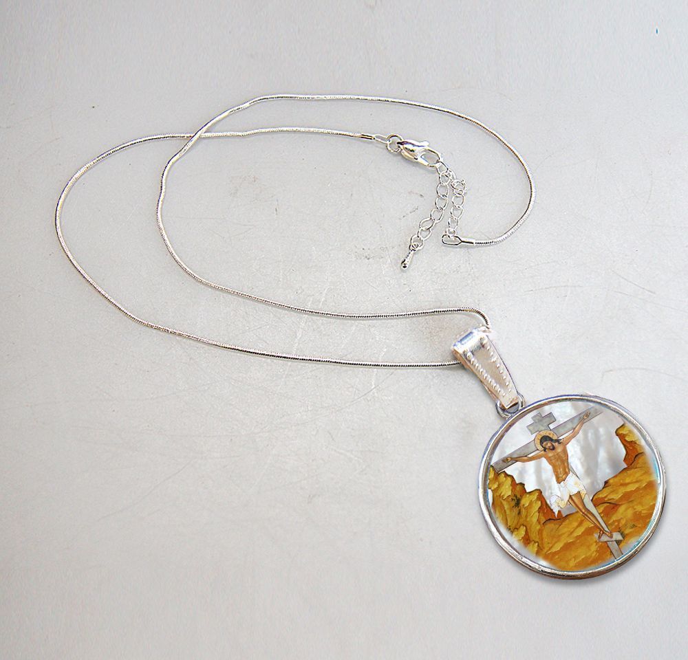 Crucifixion Silver Plated Mother of Pearl Jewelry Necklace - 43058