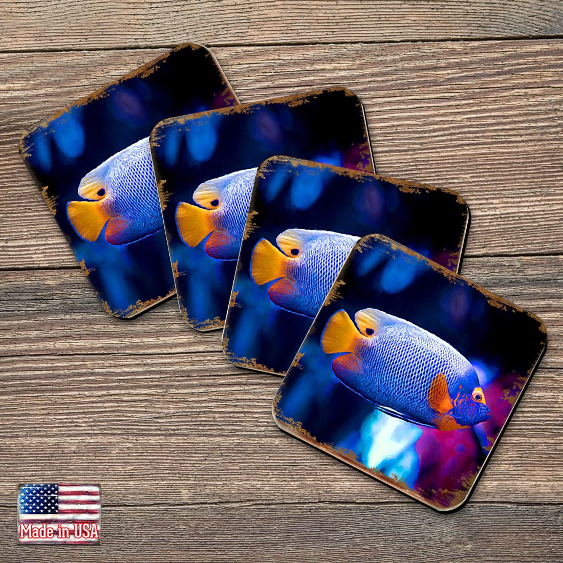 Tropical Fish Coastal Wooden Cork Coasters Gift Set of 4 by Nature Wonders - Coastal Sea-Life Decor - 95251C-S4