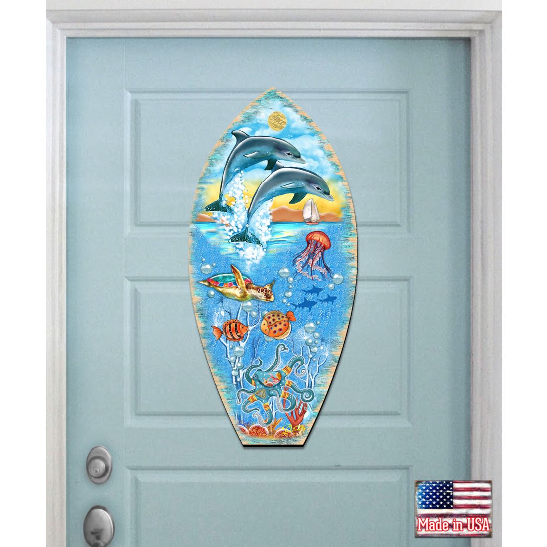Sea Creatures Surfing Board Door Decor by G. DeBrekht - Coastal Holiday Decor - 8198522-3H
