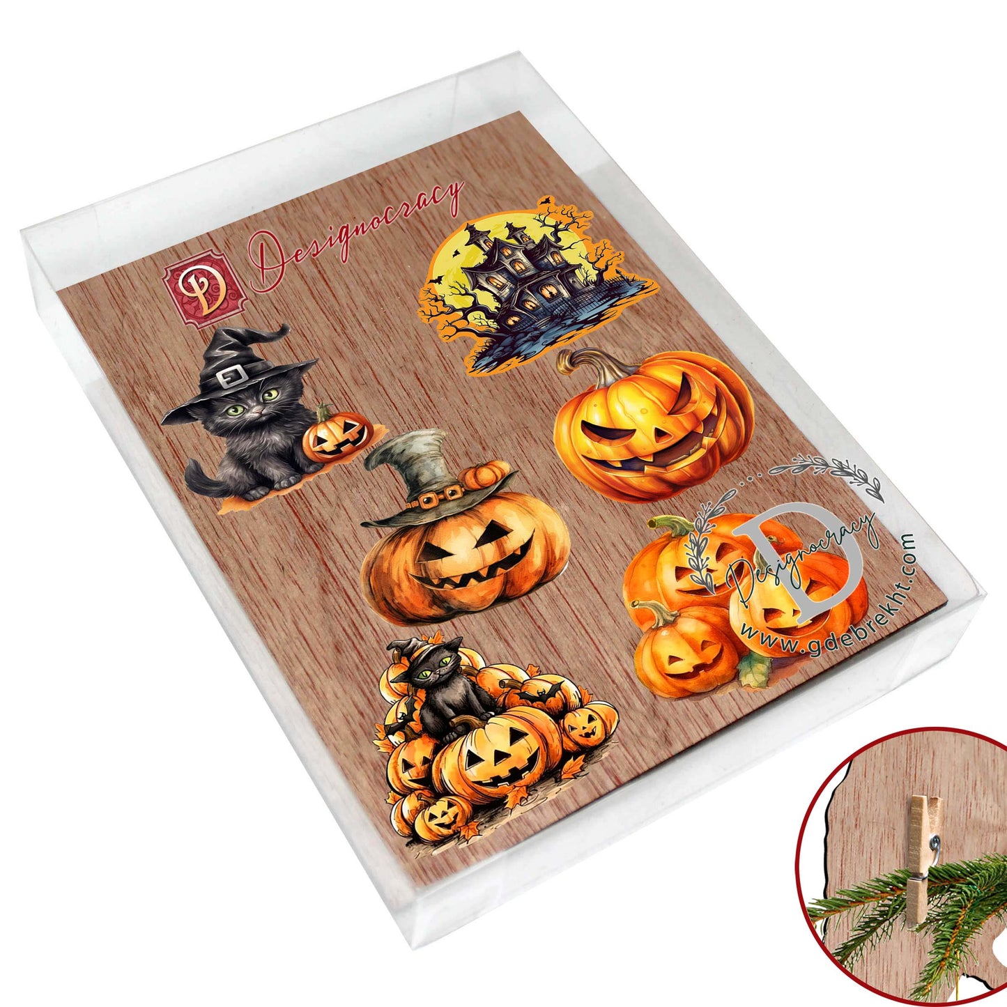 Spooky pumpkins Decorative Wooden Clip-on Ornaments of 6 by G. Debrekht - Halloween Decor - 8090019C-S6