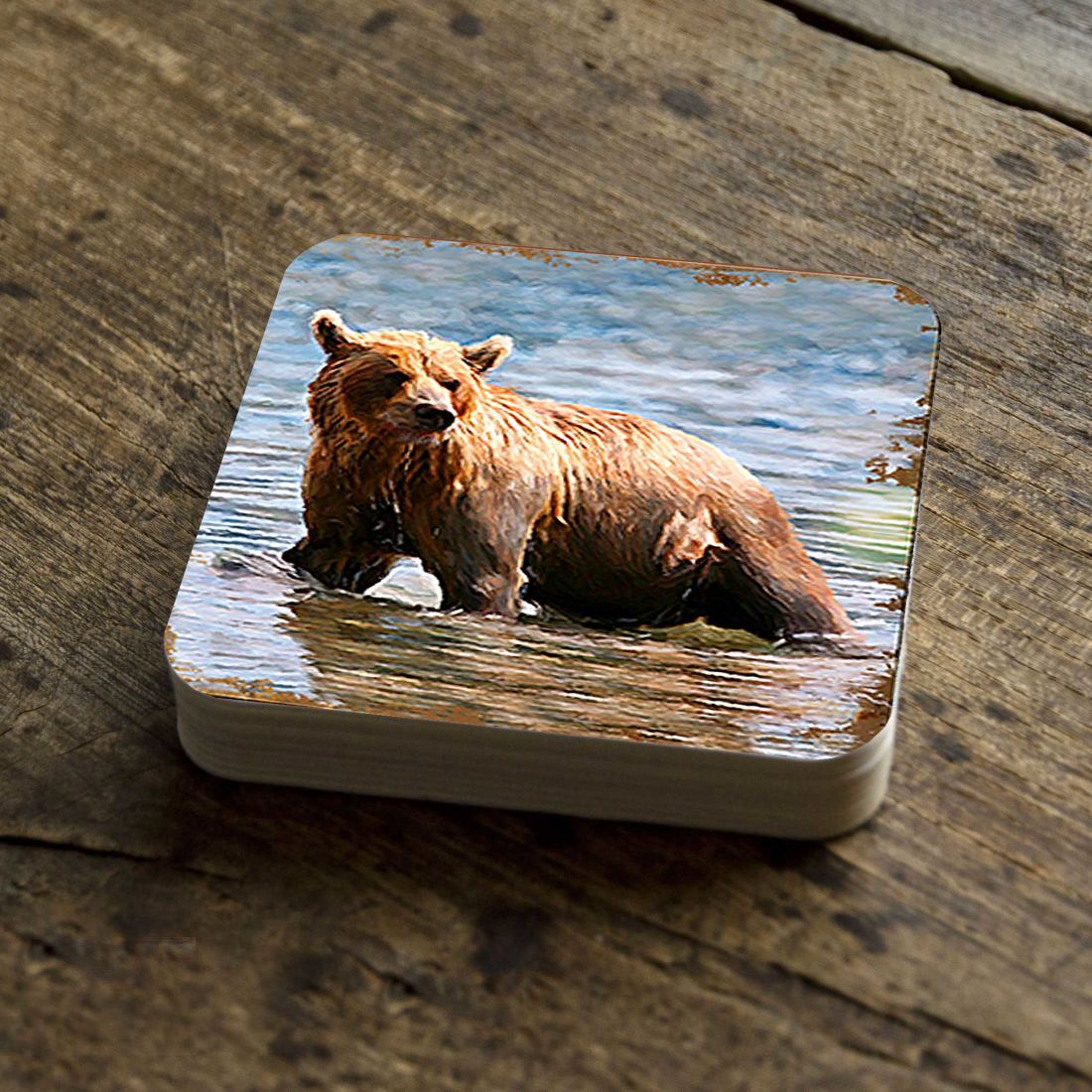 Bear Wooden Cork Coasters Gift Set of 4 by Nature Wonders - Nature Wildlife Decor  - 95297C-S4