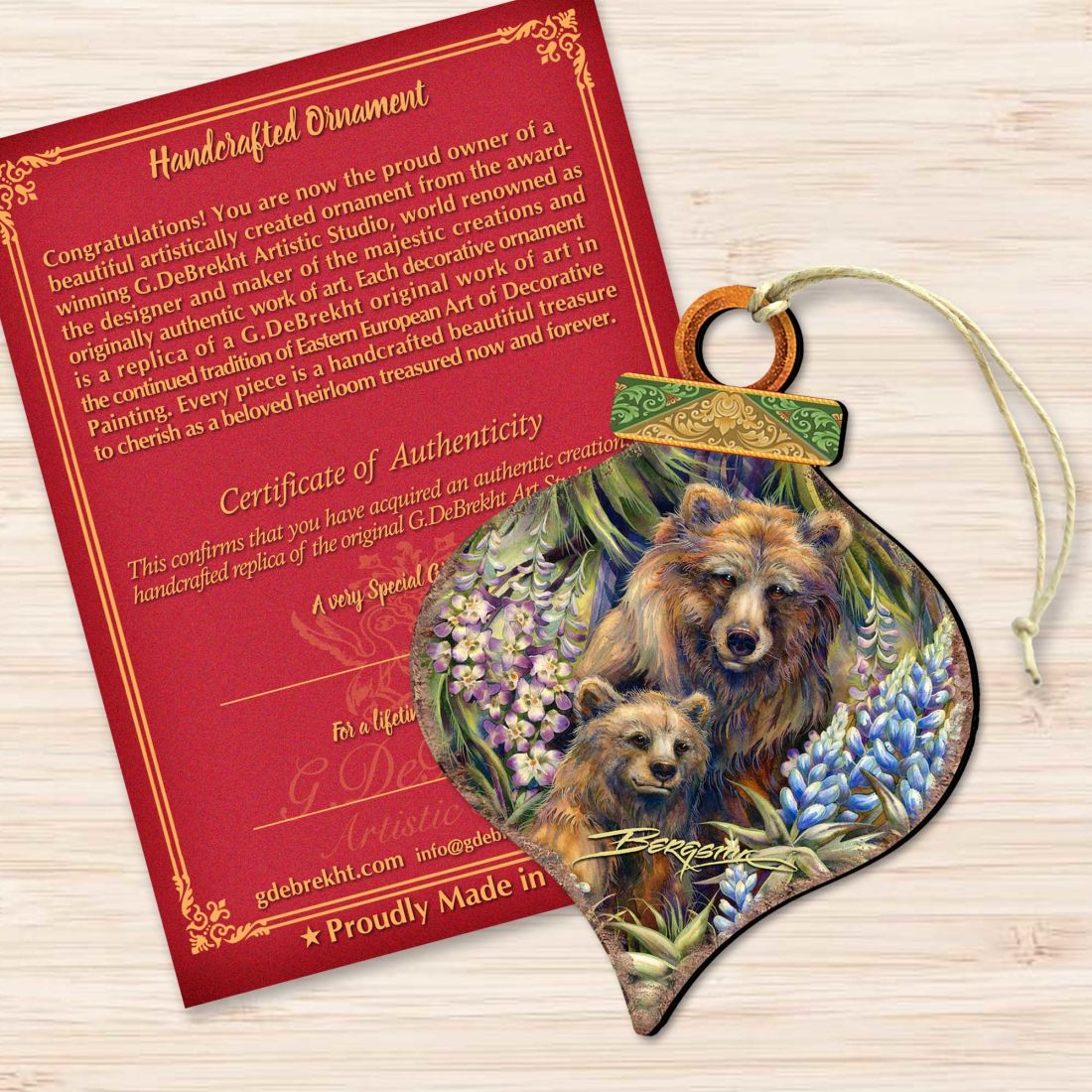 Grin Bear it Grizzly Mother Cub Wooden Ornaments by J. Bergsma - Wildlife Holiday Decor - 8591947-JB