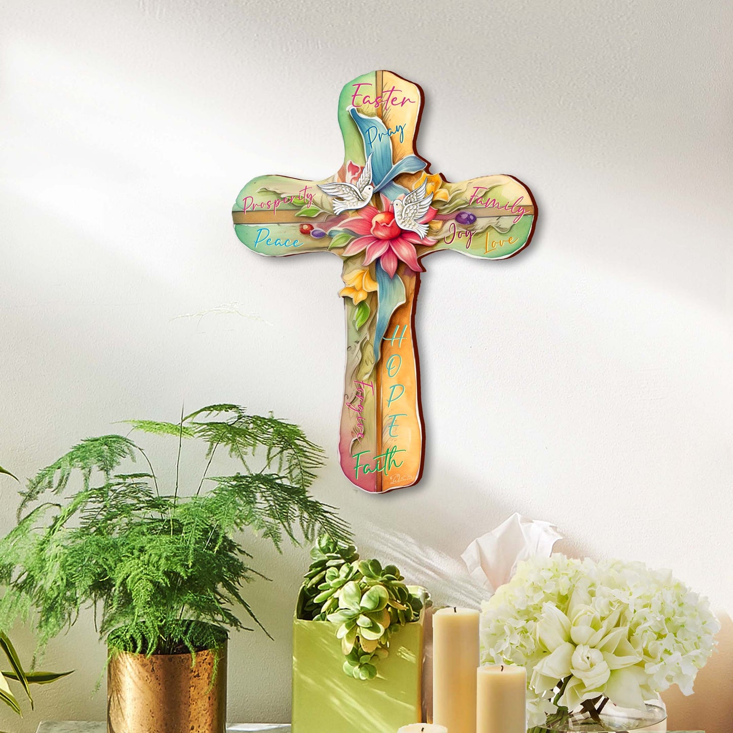 Easter Wooden Cross with Doves by G. Debrekht - Easter Spring Decor - 88167
