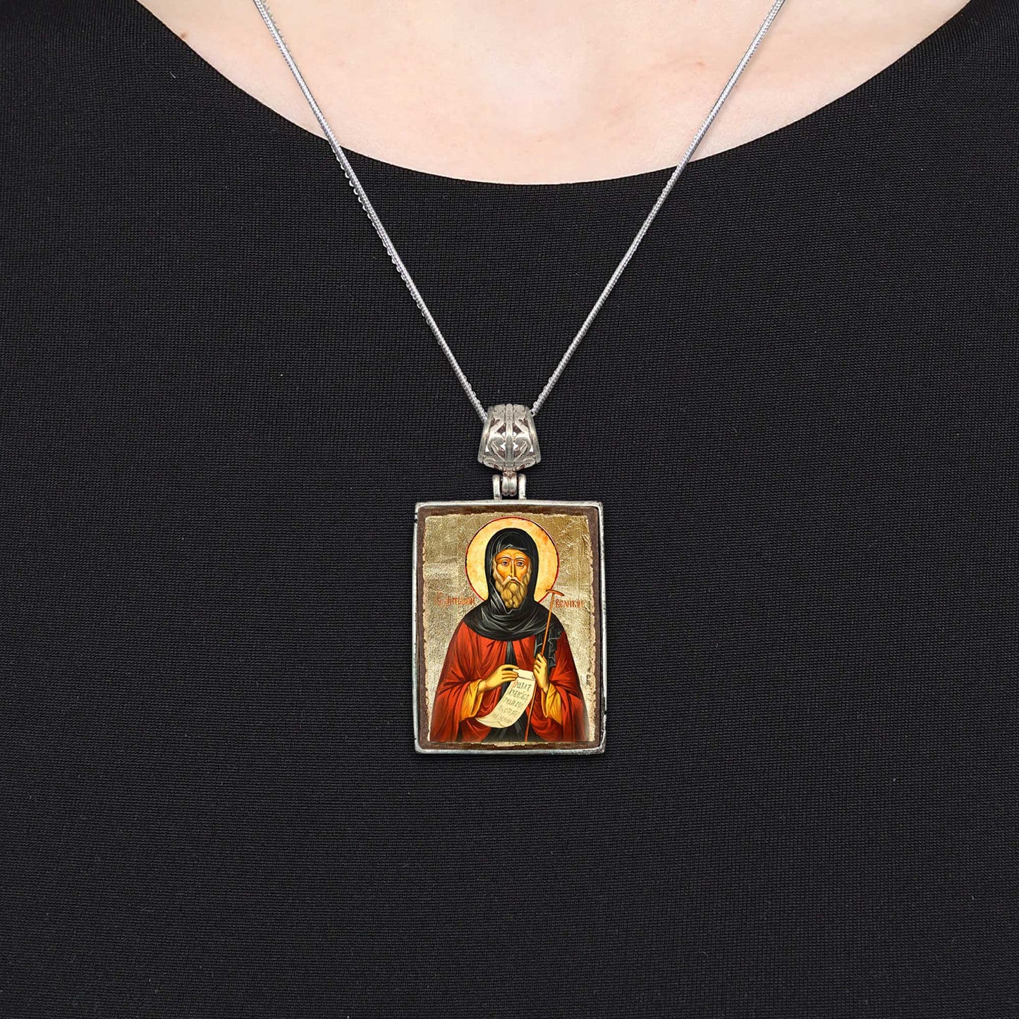 Saint Antoni Religious Jewelry Silver Plated Necklace, Gold-Plated Wooden Cabochon - Christian Sacred Icon - Inspirational Icon Decor - 43062R