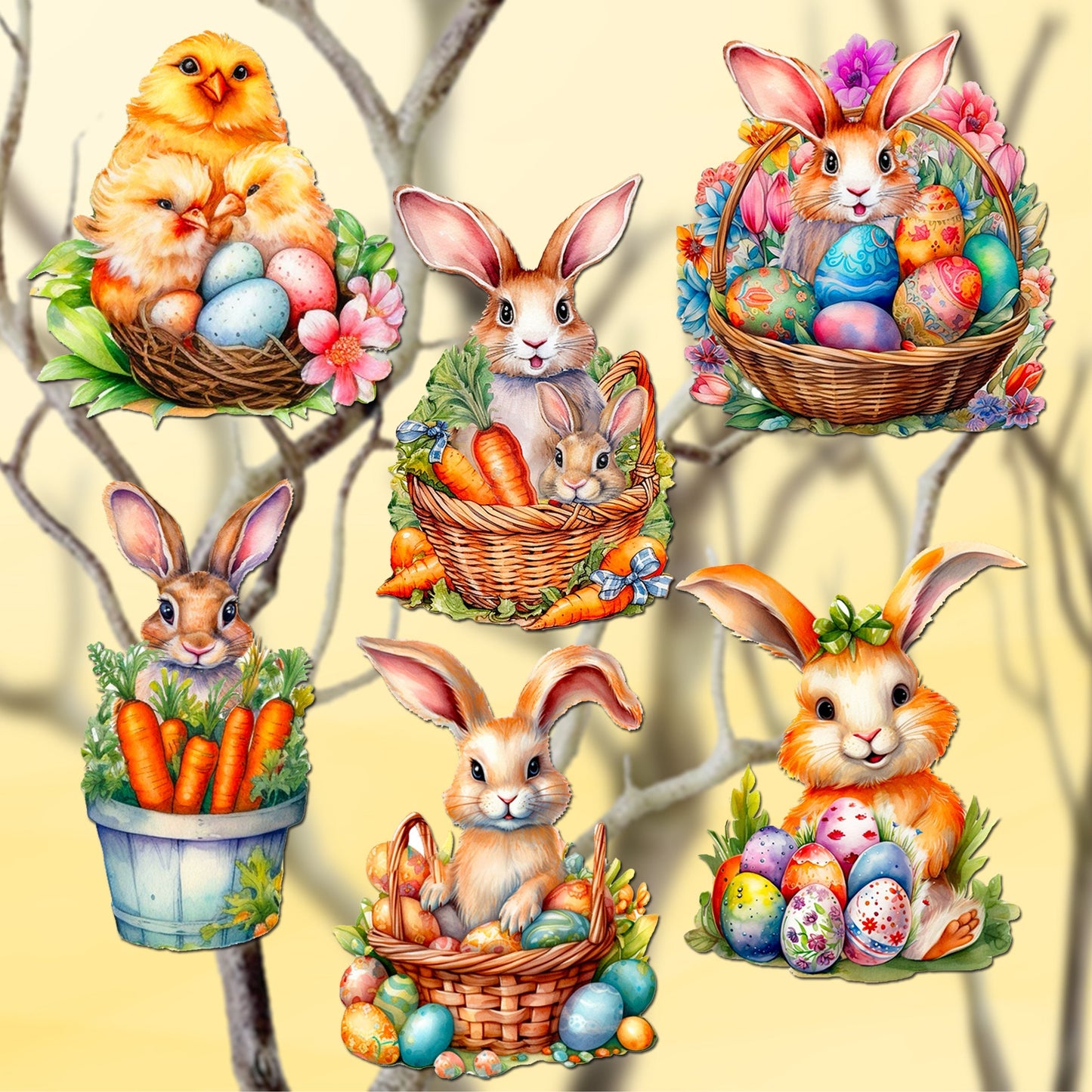 Eggs and Bunnies Decorative Wooden Clip-on Ornaments Set of 6 by G. Debrekht - Easter Decor - 8090057C-S6