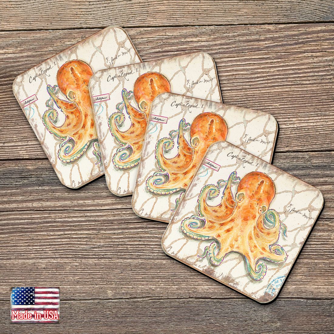 Octopus Coastal Wooden Cork Coasters Gift Set of 4 by Nature Wonders - Coastal Sea-Life Decor - 8198626C-S4