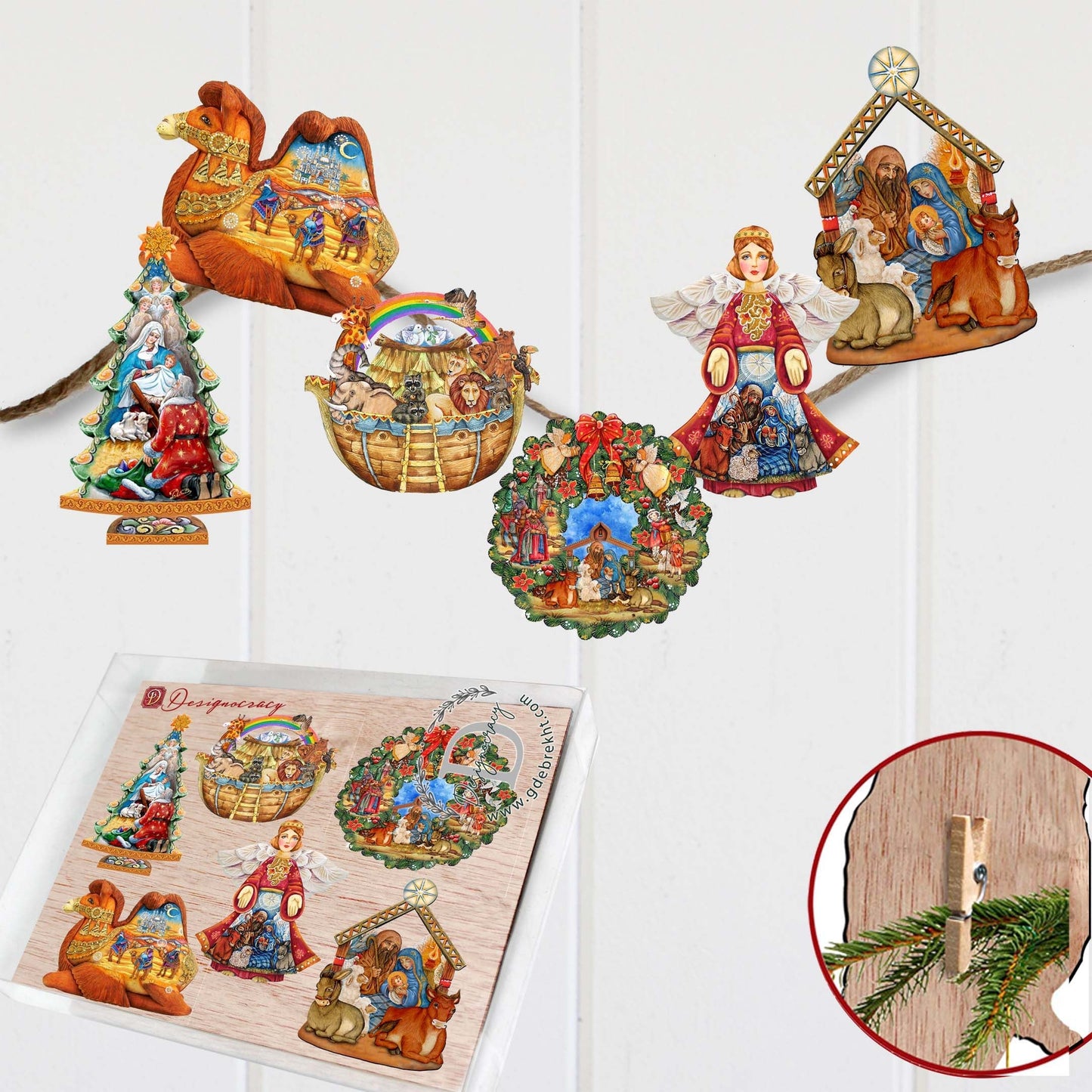 Nativity Decorative Wooden Clip-on Ornaments Set of 6 by G. Debrekht - Nativity Holiday Decor - 8090133C-S6