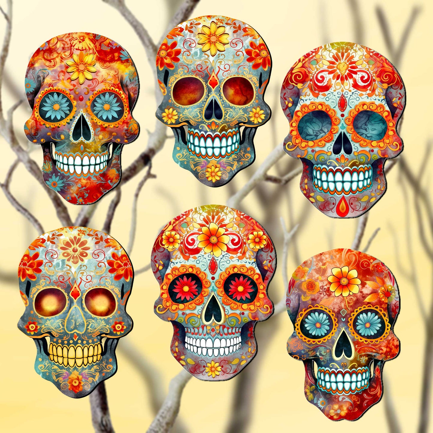 Sugar Skulls Decorative Wooden Clip-on Ornaments of 6 by G. Debrekht - Halloween Decor - 8090071C-S6