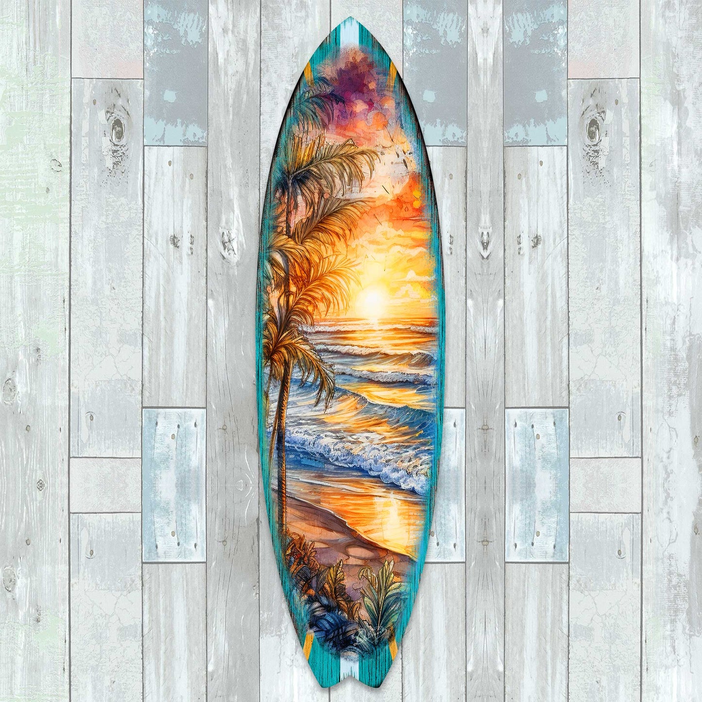 Surfboard Coastal Wall Art - Golden Waves Ocean Sunset Wall Art by G. DeBrekht - Coastal Holiday Decor - 8490136HS