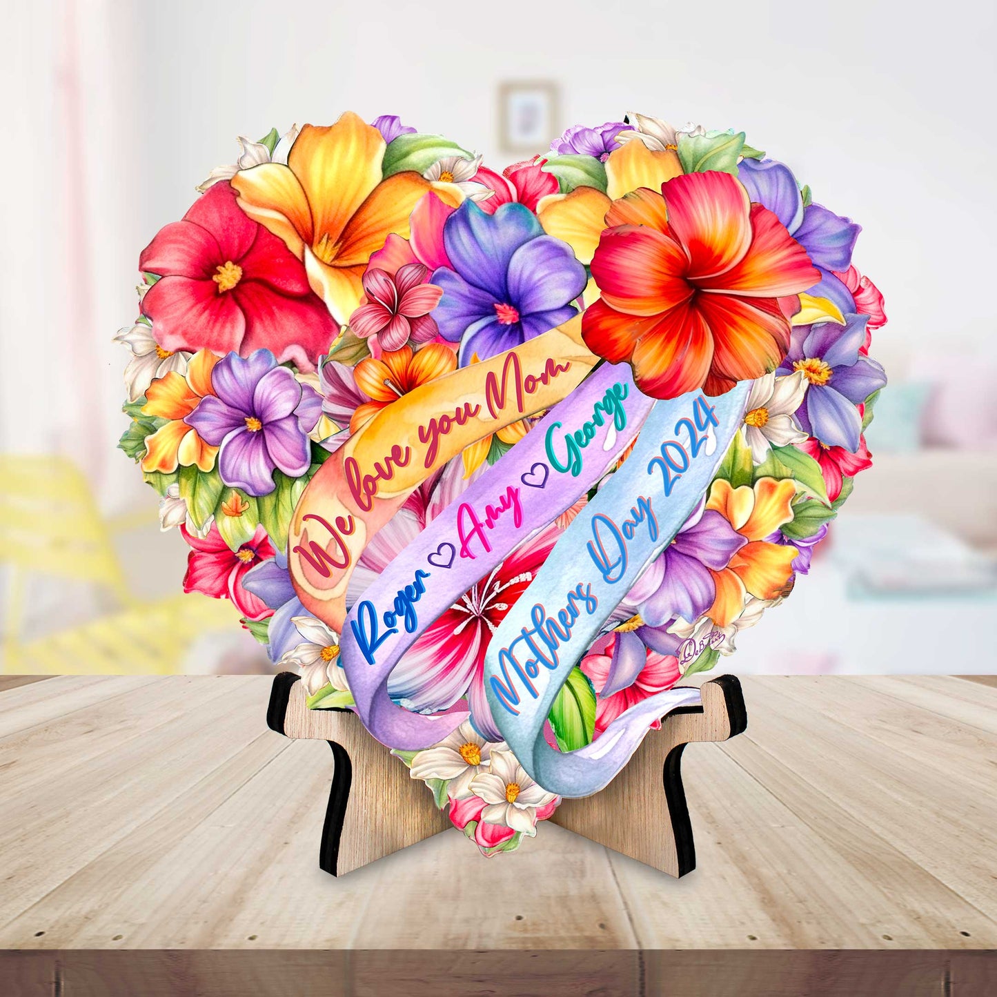 Personalized Mother's Day Gift - Family Names Flower Heart on Stand Wooden Decoration, Gift for Mom by G. Debrekht Family Love Decor - 8688300