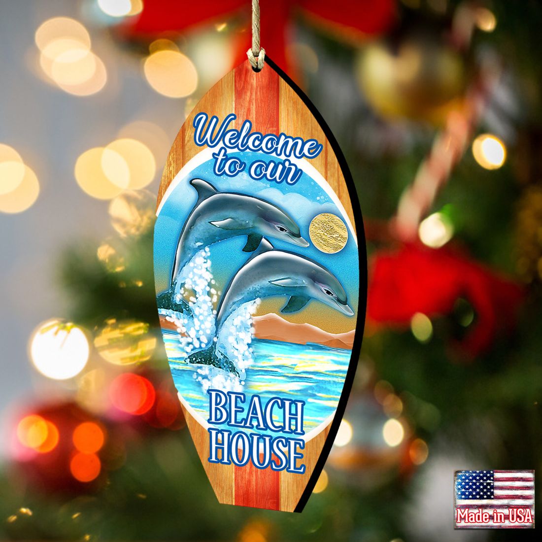 Dolphins Surfboard Wooden Ornaments by G. DeBrekht - Coastal Holiday Decor - 8114070