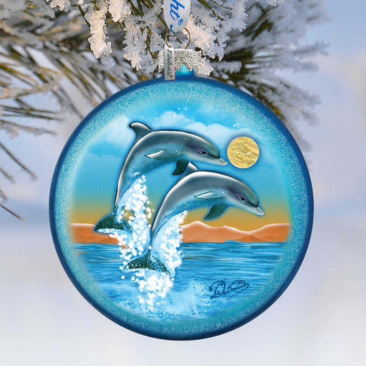 Dolphins Fly Glass Ornament by G. DeBrekht - Coastal Holiday Decor - 744-023