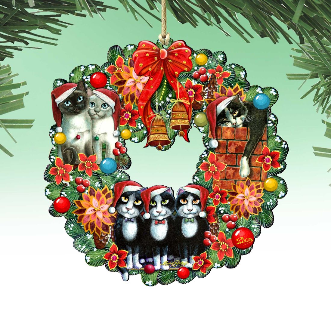 Christmas Friends Kitty Wreath Wooden Ornaments by G. DeBrekht - Pets Dog and Cats Decor - 8185307-5-SL