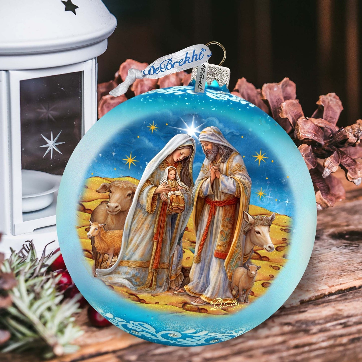 Betelhems Miracle in Blue Lg Glass Ornament by G.Debrekht - Nativity Holiday Decor - 73939B