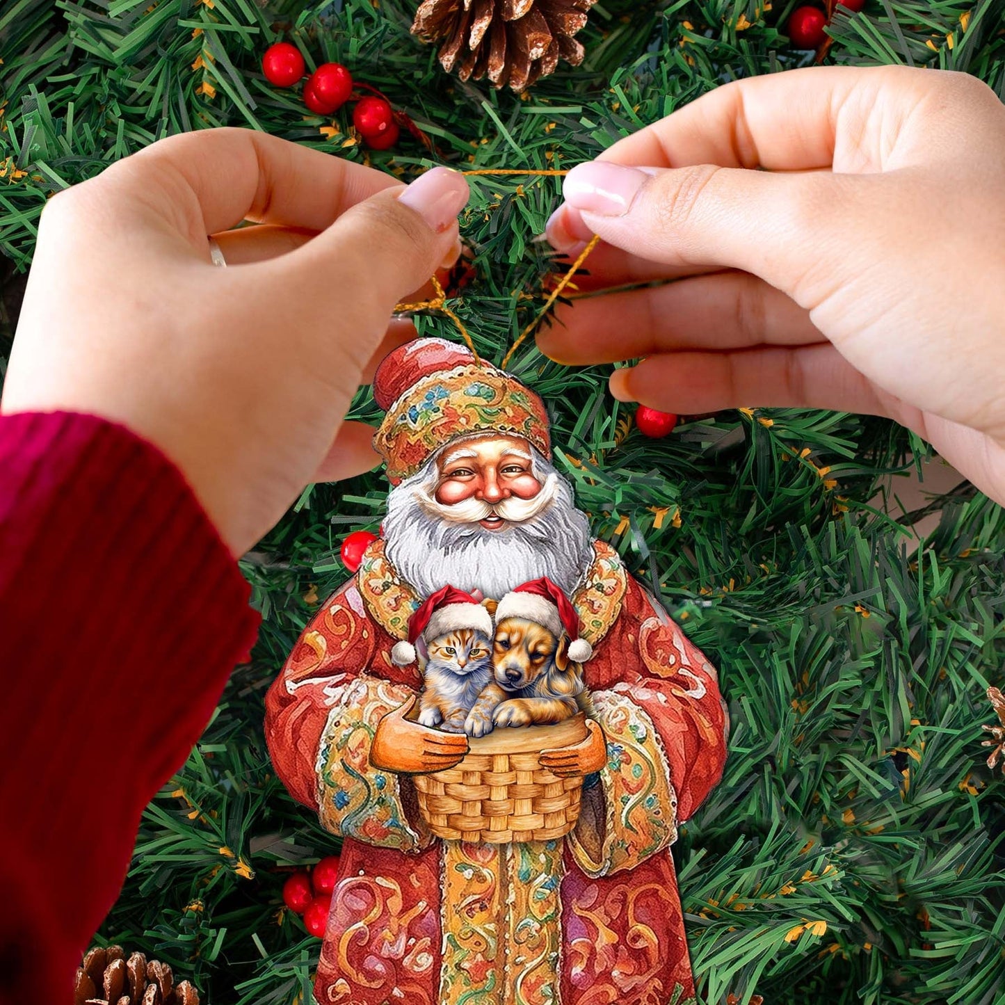Yuletide Pets with Santa Wooden Ornaments by G. Debrekht - Christmas Santa Snowman Decor - 8691406