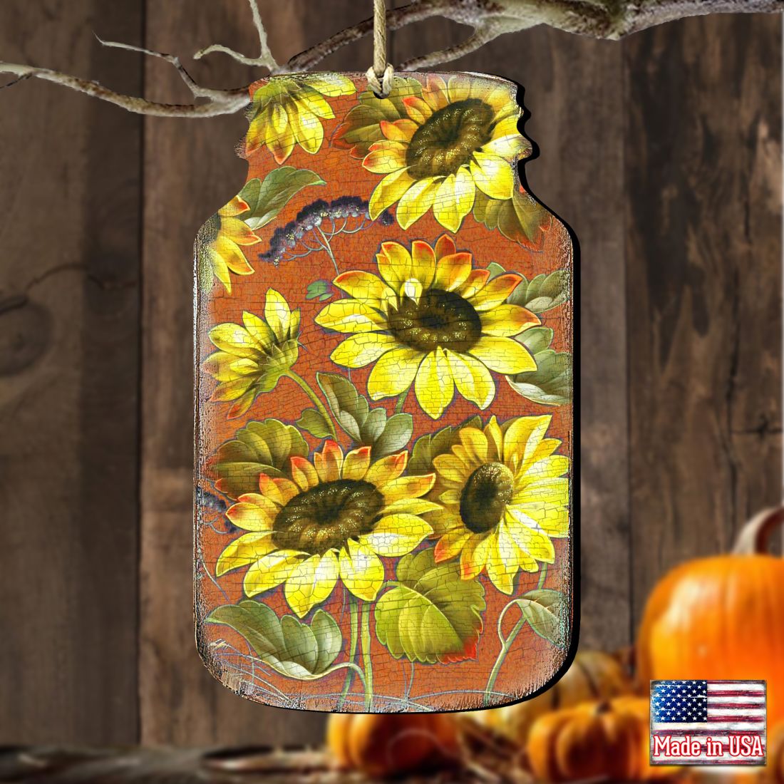 Sunflower Mason Jar Wooden Ornaments by G. DeBrekht - Thanksgiving Halloween Decor - 8158906