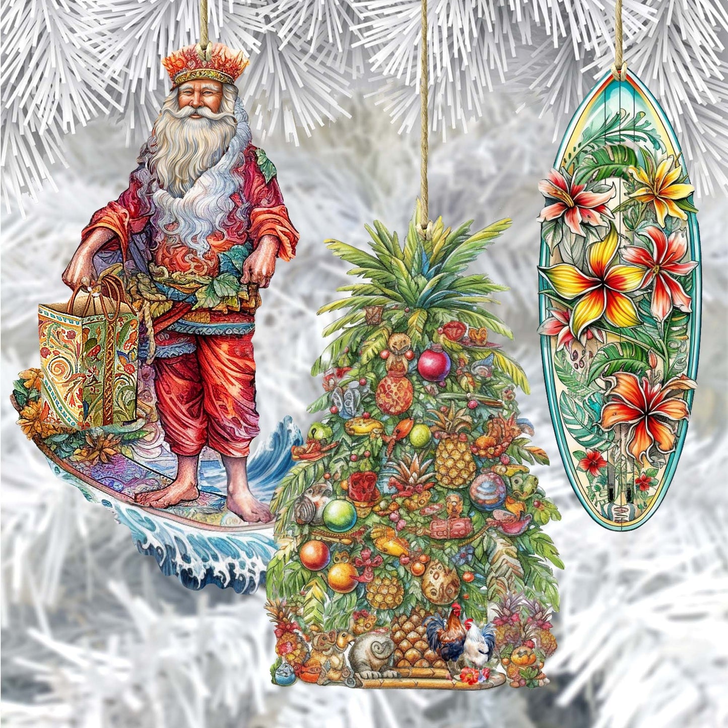 Santas Around the World - Hawaiian Inspired Santa - Wooden Ornaments Set of 3 by G. DeBrekht Christmas Santa Snowman Decor - 8091313S3