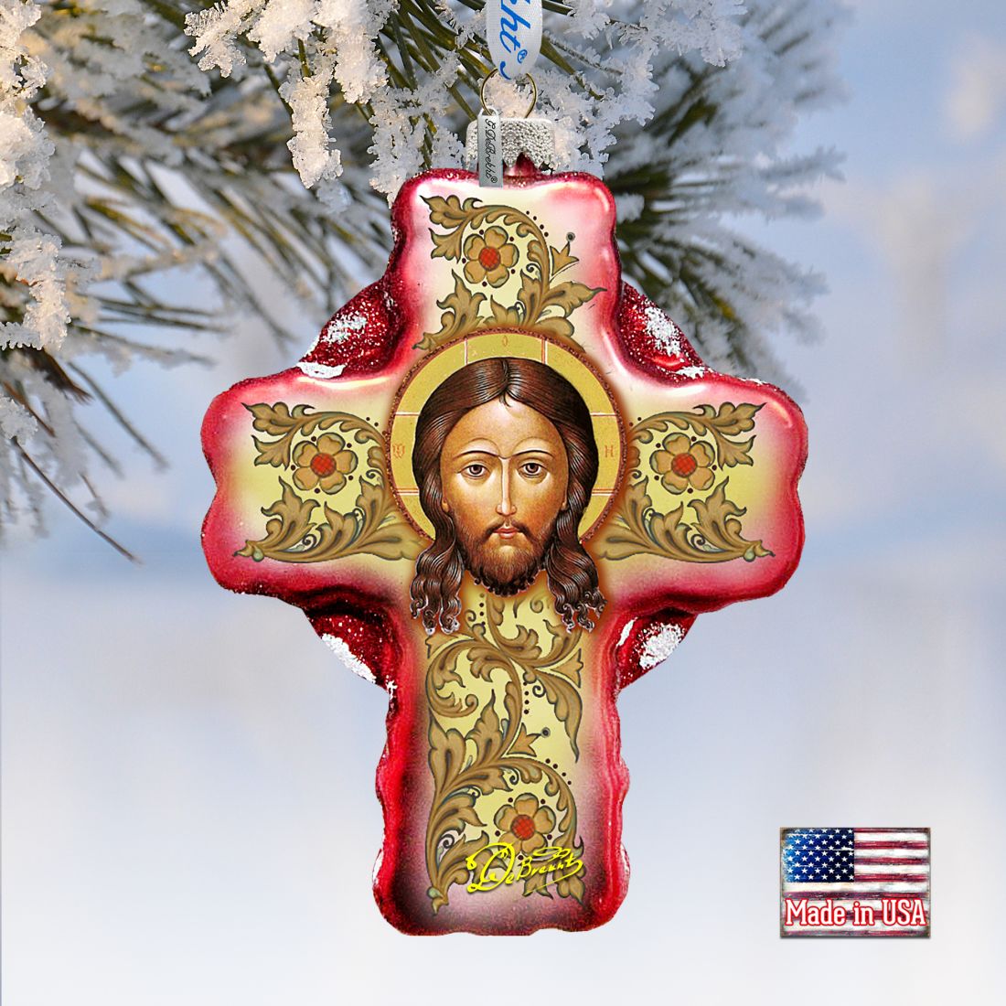 Jesus Face Cross Glass Ornament by G. DeBrekht - Nativity Holiday Decor - 758-006