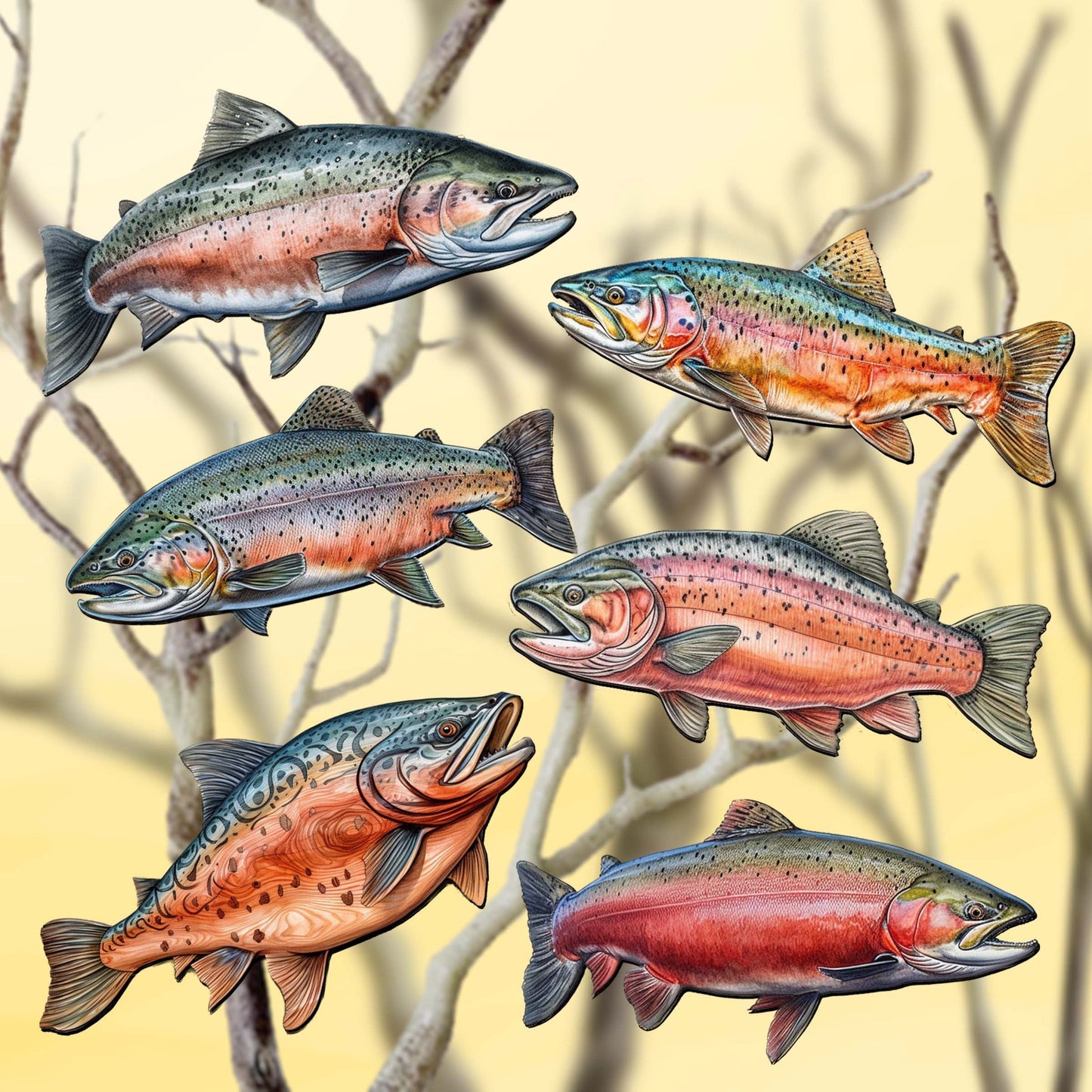Wild Salmon Tales Decorative Wooden Clip-on Ornaments Set of 6 by G. Debrekht - Wildlife Decor - 8090109C-S6