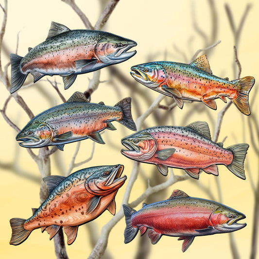 Wild Salmon Tales Decorative Wooden Clip-on Ornaments Set of 6 by G. Debrekht - Wildlife Decor - 8090109C-S6