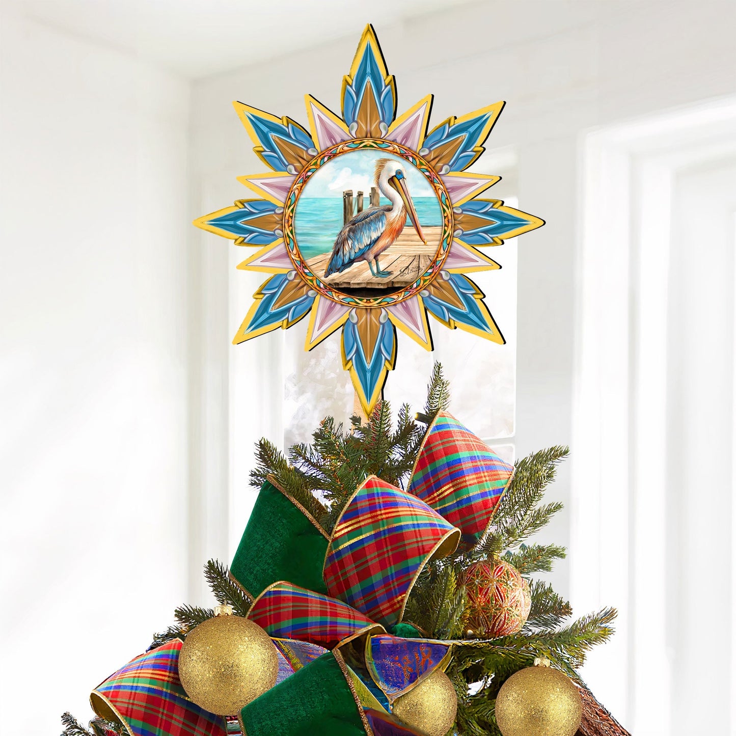 Coastal Pelican Star Tree Topper Wooden Decor by G. Debrekht - Wildlife Holiday Decor - 89514