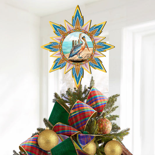 Coastal Pelican Star Tree Topper Wooden Decor by G. Debrekht - Wildlife Holiday Decor - 89514