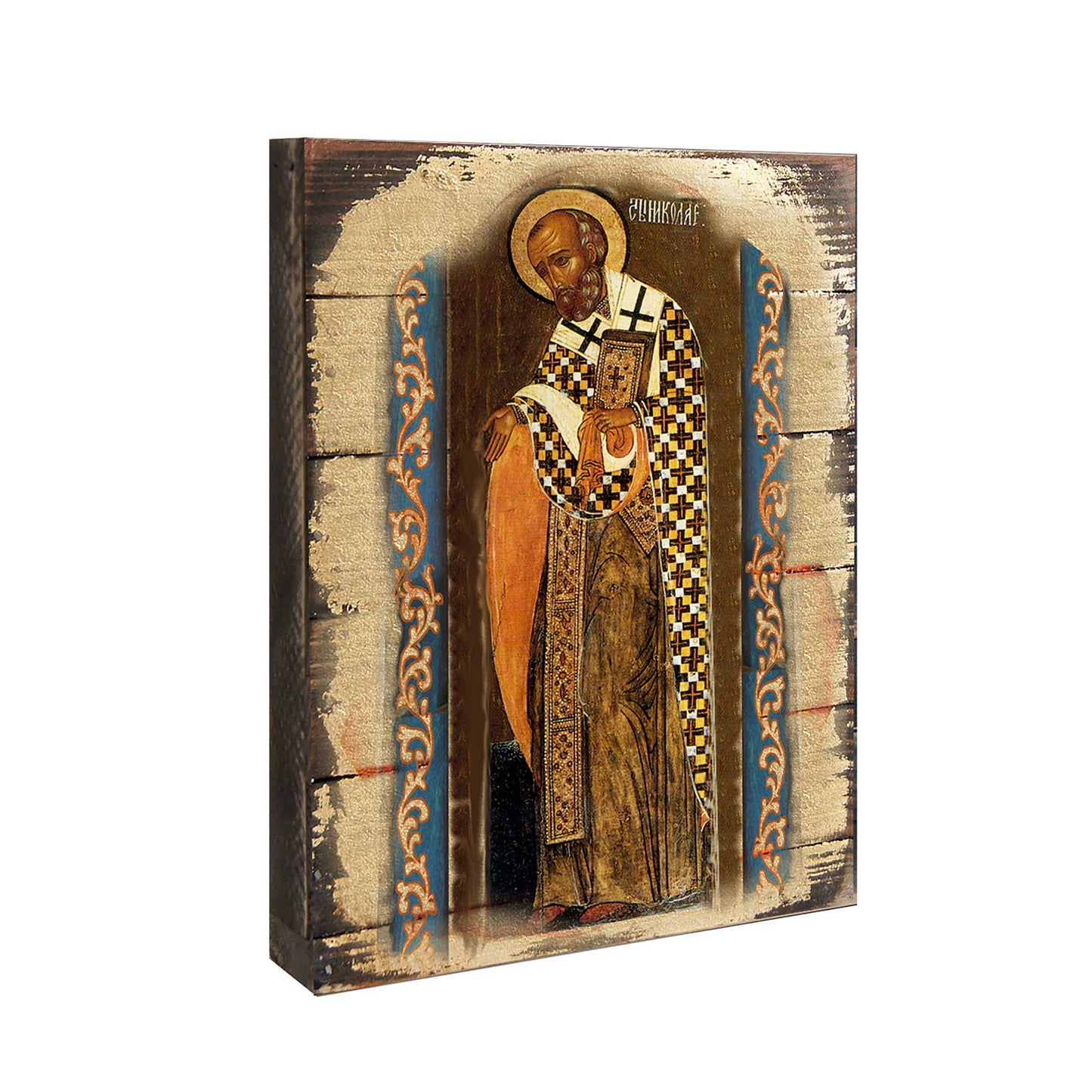 Saint Nicholas Wooden Gold Plated Religious Orthodox Sacred Icon - Inspirational Icon Decor - 85033
