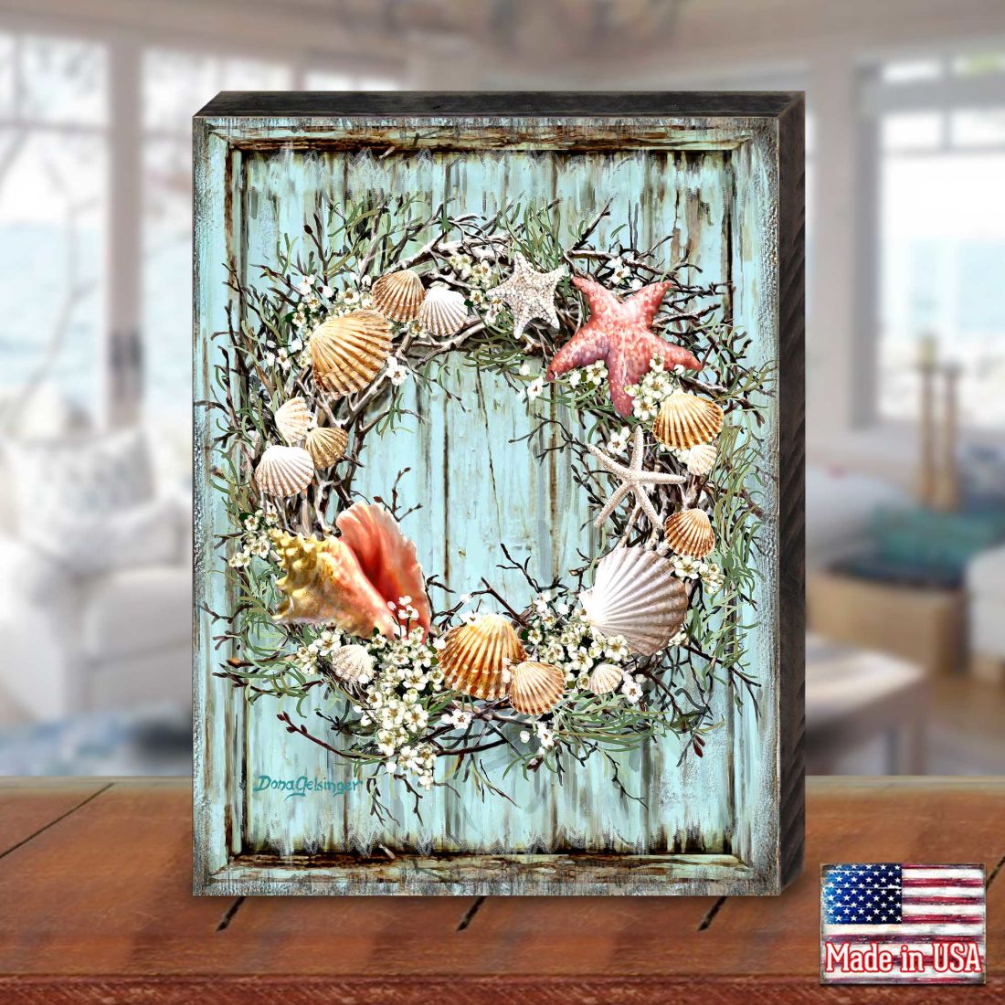 Christmas Coastal Wreath Wooden Wall Art by D. Gelsinger - Coastal Holiday Decor - 95607B-1715
