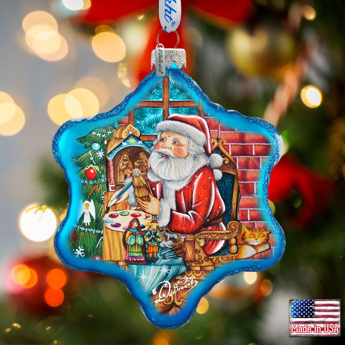 Nativity Workshop Snowflake Glass Ornament by G. DeBrekht - Christmas Santa Snowman Decor - 754-003